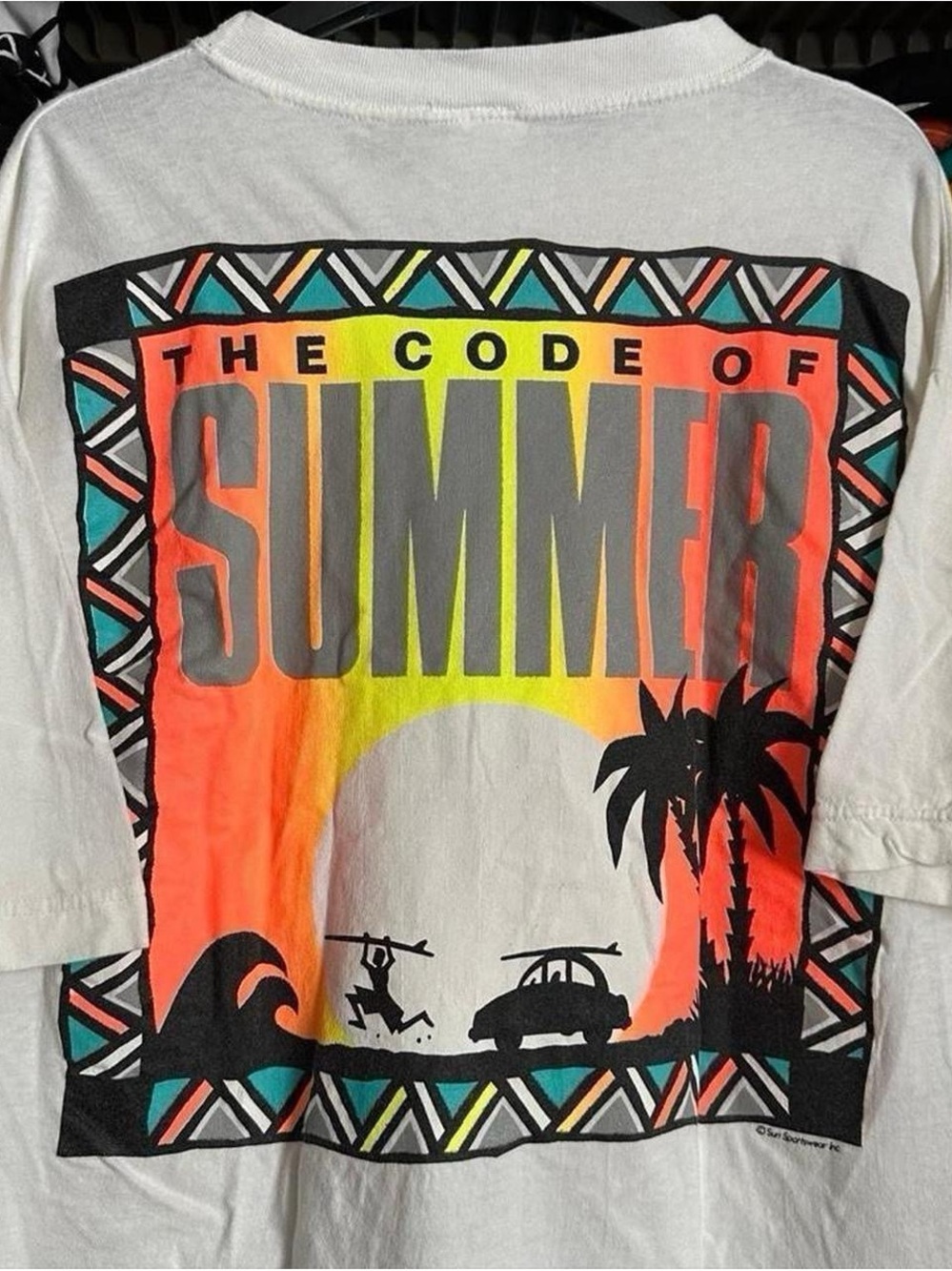 Vintage 1990s ‘The Code of Summer' surf Graphic Tee - White with Neon Print XL